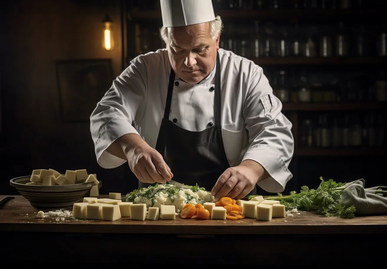 A chef slicing vegetables and cheese on a wooden kitchen counter